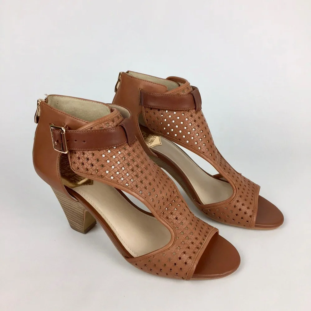 Vince Camuto Womens Brown Woven Leather Peep Toe Sandal Cone Heel size 10